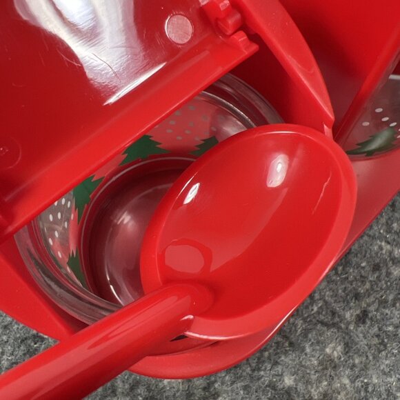 Vintage 1970’s Gemco Cream And Sugar Glass Set w/ Holder Spoon Christmas Trees - Picture 6 of 12